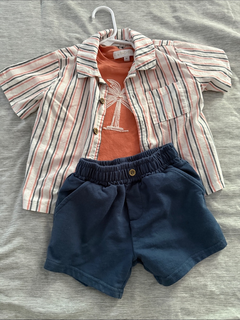 Striped Short Sleeve Shirt, Coral Palm Tee & Navy Shorts Set